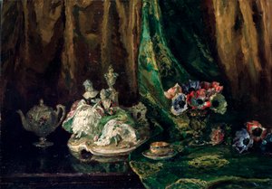 Stilleven met porselein en bloemen, 20e eeuw