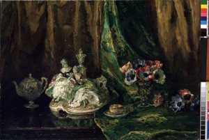 Stilleven met porselein en bloemen