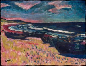 Boten op het strand van Nidden door Max Pechstein