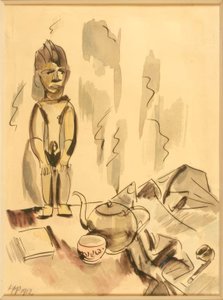 Stilleben mit Teekanne, Pfeife und afrikanischer Figur