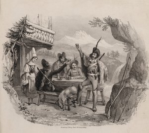 Jagers in de bergen genieten van een drankje in een taverne