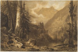 Alpenburcht boven een bebost meer, c.1870 (houtskool op papier)