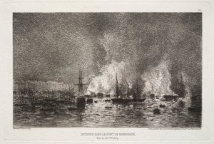 Brand in de haven van Bordeaux, 1869 door Maxime Lalanne