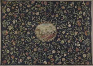 Tafelkleed met de personificatie van Flora en een bloemenpatroon door Maximiliaan van der Gucht (possibly)