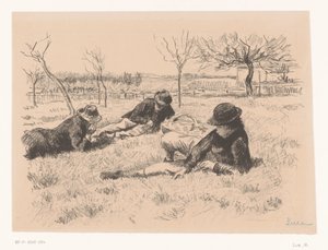 Drie mannen rusten uit in een wei door Maximilien Luce (signed by artist)