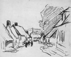 Dorpsstraat met paard en wagen. Éragny-sur-Epte (?)