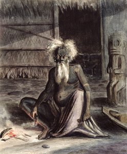 Oude man van Tahiti zittend bij een Tiki, ca. 1841-48