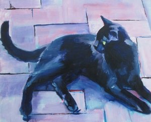 Zwarte kat, paarse vloer door Maxine Shore