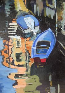 Blauwe boten – Weerspiegelingen op het kanaal door Maxine Shore