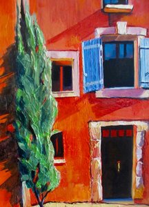 Rood huis met blauwe luiken door Maxine Shore