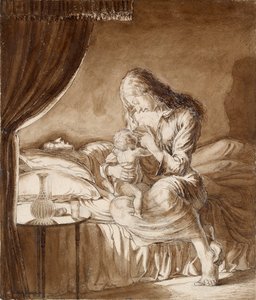 Nacht Scène-Vrouw die haar Kind Voedt, ca. 1900s