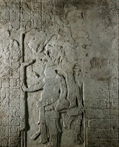Maya-kunst: paneel nr. 1 van de Maya-site van El Cayo (tussen 600 en 800) met een personage omringd door inscripties in hiërogliefen in verwijzing naar astronomische berekeningen. Privécollectie