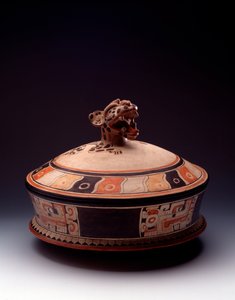 Precolumbiaanse kunst, Maya beschaving, initiële klassieke periode: kleivaas met deksel versierd met een jaguarkop. Uit Tikal, Guatemala.