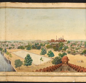 Sectie van een panorama van Delhi, met de Jama Masjid door Mazar or Mazhar Ali Khan