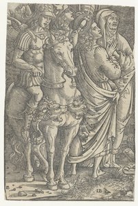 Fragment van een Kruisiging met Johannes de Evangelist en Maria en soldaten door Meester IB met de vogel