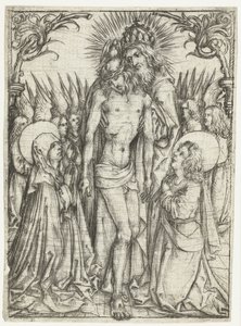 Aanbidding van de Heilige Drie-eenheid door Maria, Johannes de Evangelist en engelen door Meester van het Amsterdamse Kabinet