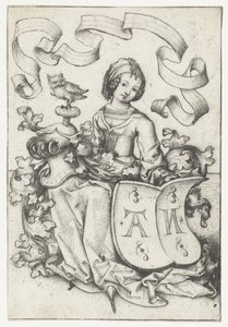 Dame met uil en wapenschild met de letters AN door Meester van het Amsterdamse Kabinet