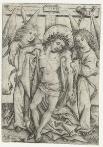 Het lichaam van Christus ondersteund door twee engelen door Meester van het Amsterdamse Kabinet