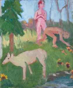 Twee figuren met een vrouwelijke eland, 2016 (olieverf op doek)