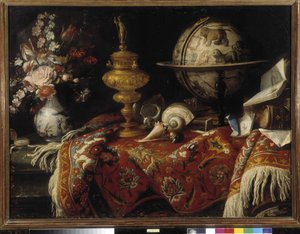 Vaas met bloemen, astrale bol, boeken en goudwerk op een tapijt door Meiffren (c.1630 1705) Conte