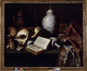 Chinese vazen, schelpen, antieke bronzen, boeken en tapijten door Meiffren (c.1630 1705) Conte