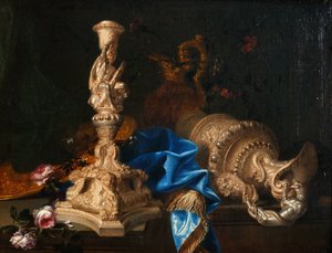 Stilleven met kandelaar van de werken van Hercules en twee kruiken door Meiffren Conte