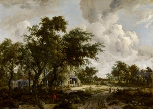 Dorp met watermolen tussen bomen door Meindert Hobbema