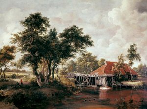 Watermolen met groot rood dak. door Meindert Hobbema