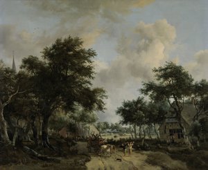 Bosrijk landschap met vrolijk gezelschap in een kar