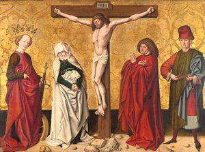 Christus aan het kruis tussen de heiligen Maria en Johannes, Catharina en Sebastian door Meister von Großgmain