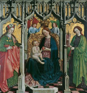 Troonende Maria met de Heiligen Margaretha en Barbara (voorzijde); Man van Smarten in rankenornament (achterzijde) door Meister von Uttenheim