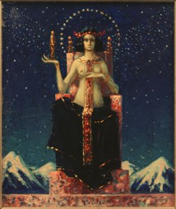 Allegorische vrouwelijke figuur voor Himalaya-nachtlandschap door Melchior Lechter