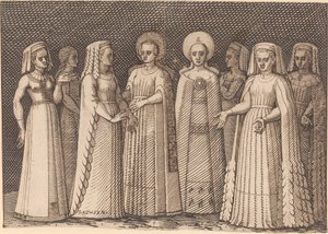 Acht dames in oude kostuums