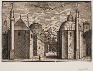 3 moskeeën, elk met 1 minaret; in de lucht een vliegende draak met lange staart