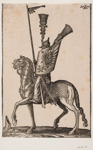 Bereden soldaat, profiel naar links; lans met wimpel, metalen helm met zeer hoge pluim, schild met adelaarsvleugel en een extra hoge pluim door Melchior Lorck