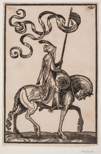 Bereden standaarddrager, profiel naar rechts; de standaard is tweevleugelig, de ruiter ongewapend, op het paard voor hem een worstvormige bagagezak door Melchior Lorck