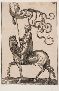 Bereden standaarddrager, profiel naar links; de standaard is 3-vlagig en eronder hangt een veer; zijn zwaard geplaatst tussen zijn linkerbeen en de flank van het paard door Melchior Lorck