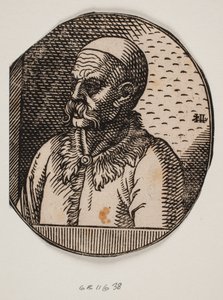 Buste van een man met baard en kalot; 3/4 profiel naar links door Melchior Lorck