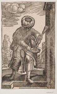 Een Saquatz met zijn waterzak onder de arm door Melchior Lorck