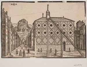 Straat, op de voorgrond moskee en vrijstaande minaret door Melchior Lorck