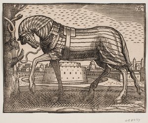 Paard, bedekt met schabrak, profiel naar links, vastgebonden aan een boom; op de achtergrond een stad met kegelvormig kasteel in een cirkelvormige gracht door Melchior Lorck