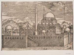 Geïdealiseerd beeld van de Bayazidiye-moskee, gezien vanuit het zuidoosten door Melchior Lorck