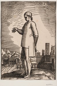 Christelijke slaaf met uitgestrekte hand, op de achtergrond twee stadsdelen verbonden door een brug door Melchior Lorck