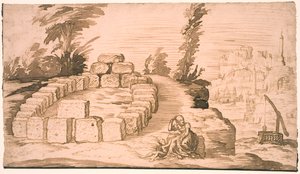 Landschap met een steencirkel en een oude vrouw met een kind door Melchior Lorck