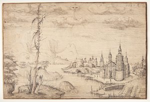 Landschap met een stad door Melchior Lorck