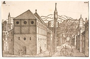 Moskee met een vrijstaande minaret met externe trap door Melchior Lorck