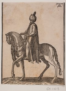 Bereden oudere man, met knuppel aan zijn zijde, profiel naar links; onder de hals van het paard hangt een paardenstaart of ossenstaart als teken van de waardige status van de man door Melchior Lorck