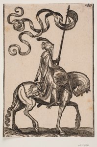 Bereden vaandeldrager, profiel naar rechts; de standaard heeft twee staarten; de ruiter is ongewapend; op de rug van het paard voor hem is een worstvormige zak voor het dragen van bagage door Melchior Lorck