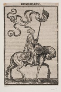 Bereden Vaandeldrager, Profiel naar Rechts; de Standaard is Tweestaartig; de Ruiter is Ongewapend; op de Rug van het Paard voor Hem is een Worstvormige Zak voor het Dragen van Bagage door Melchior Lorck
