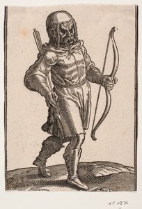 Soldaat, lopend naar rechts; laarzen en knielange kleding; in de linkerhand een boog, in de rechterhand een pijl door Melchior Lorck